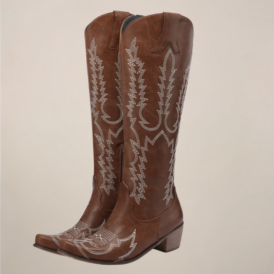Kozaki Damskie Skórzane Western | Eleganckie Haftowane Buty na Obcasie