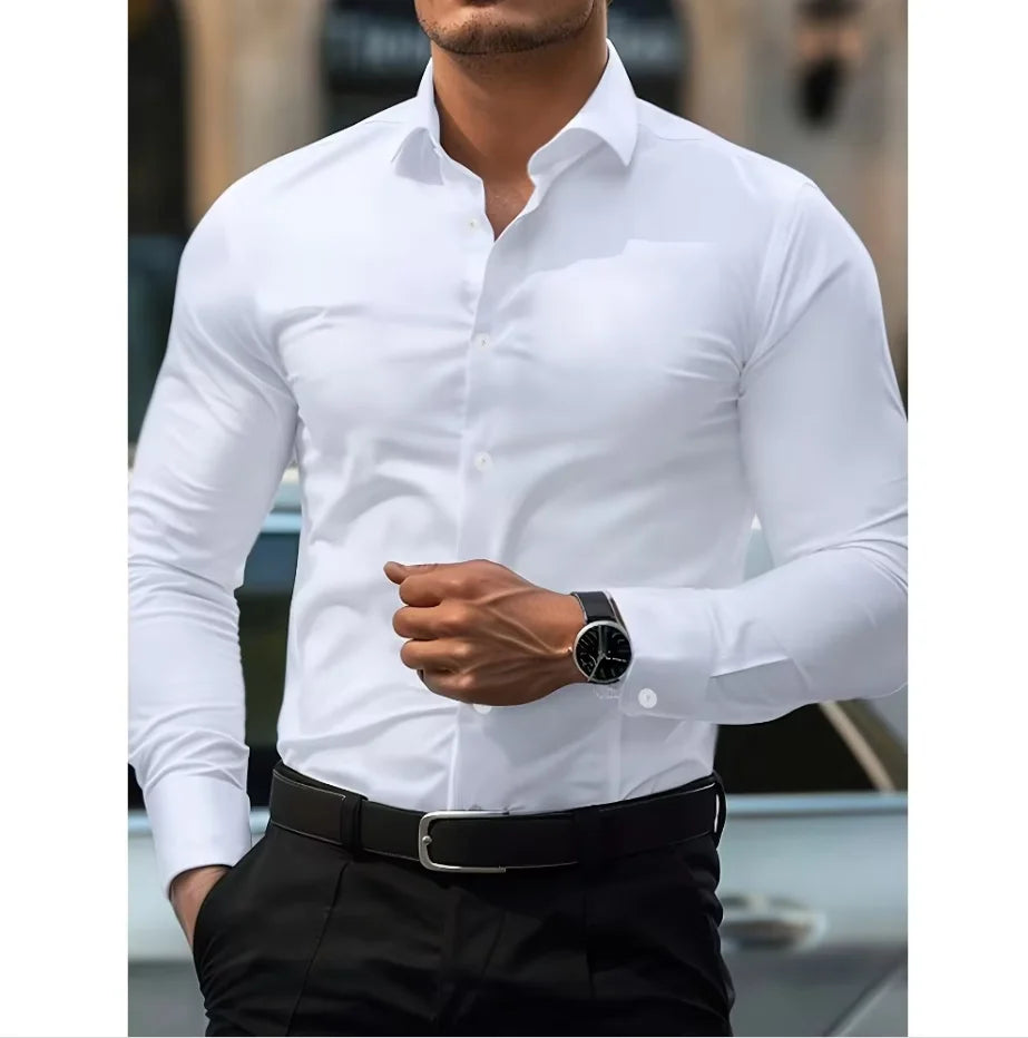 Męska Bawełniana Koszula Slim Fit | Elegancka Klasyczna Biała Koszula Długo Rękawowa