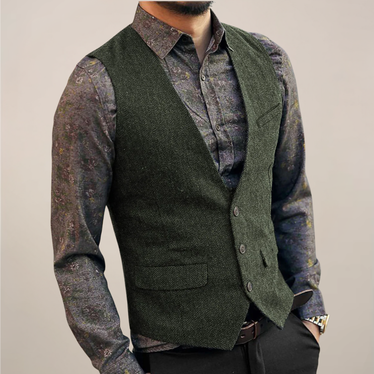 Męska Wzorzysta Kamizelka w Jodełkę | Elegancka Vintage Kamizelka na Jesień FOUT FOUT