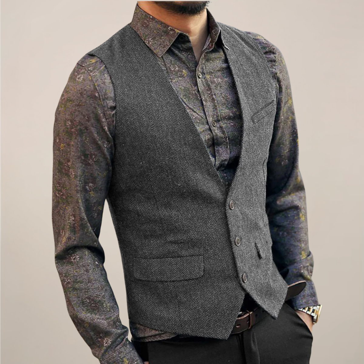 Męska Wzorzysta Kamizelka w Jodełkę | Elegancka Vintage Kamizelka na Jesień FOUT FOUT