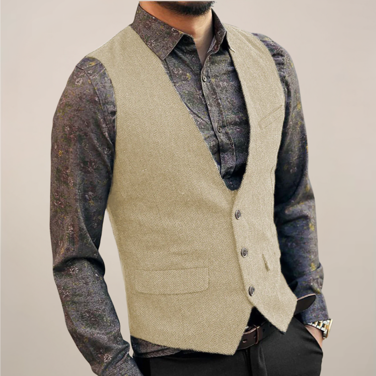 Męska Wzorzysta Kamizelka w Jodełkę | Elegancka Vintage Kamizelka na Jesień FOUT FOUT