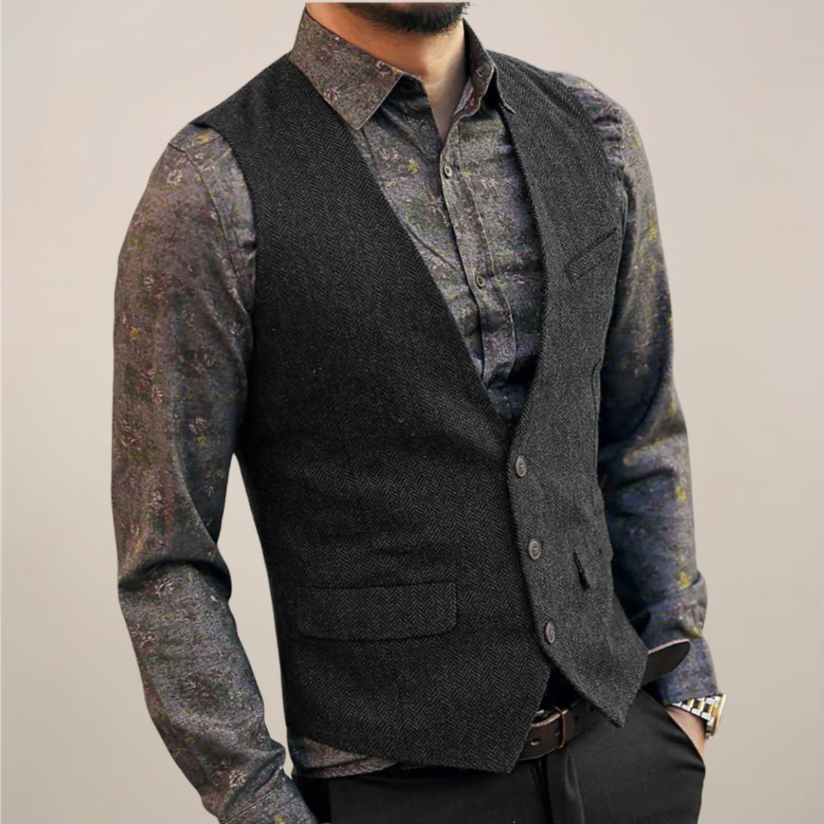 Męska Wzorzysta Kamizelka w Jodełkę | Elegancka Vintage Kamizelka na Jesień FOUT FOUT