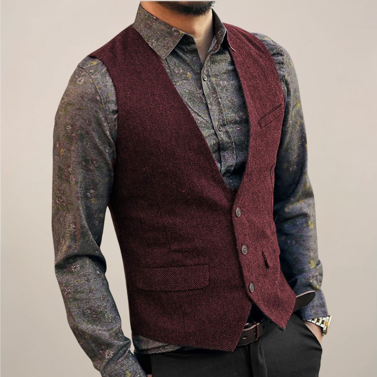 Męska Wzorzysta Kamizelka w Jodełkę | Elegancka Vintage Kamizelka na Jesień FOUT FOUT