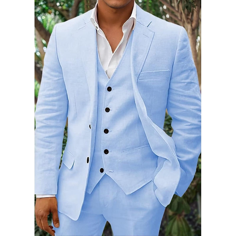 Męski Lniany Garnitur Trzyczęściowy | Elegancka Marynarka, Kamizelka i Spodnie