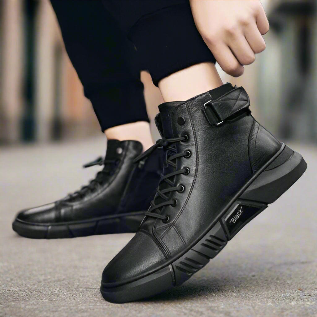 Męskie Skórzane Wysokie Sneakersy | Stylowe Casual Trampki z Boczny Zamek
