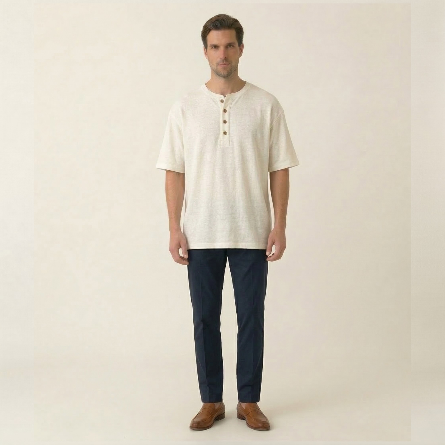 Ola Premium Lniana Koszulka Męska Henley Loose Fit Biała