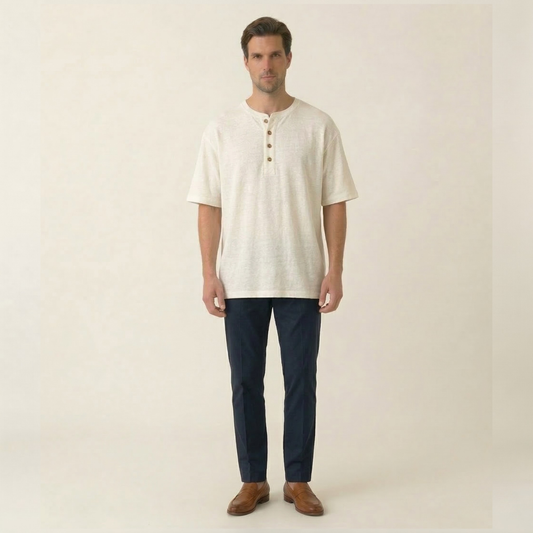 Ola Premium Lniana Koszulka Męska Henley Loose Fit Biała
