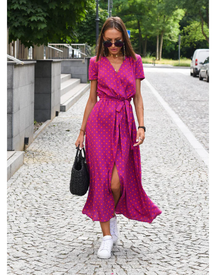 Sukienka Damska Lekka Maxi | Elegancka Kopertowa Sukienka na Wesele z Krótkim Rękawem