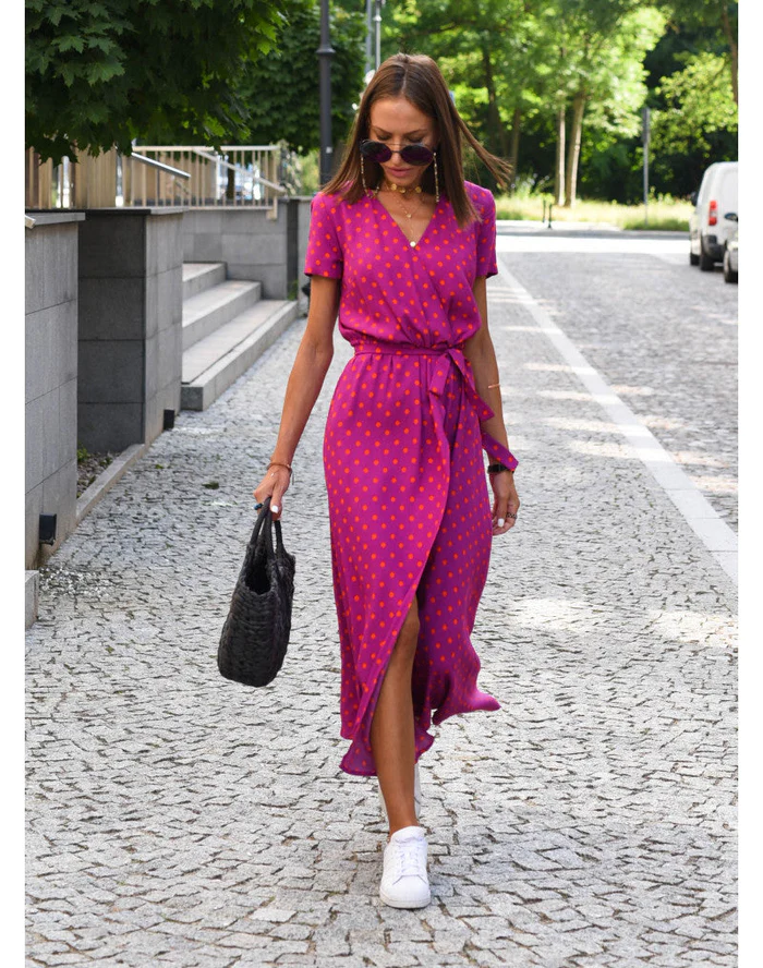 Sukienka Damska Lekka Maxi | Elegancka Kopertowa Sukienka na Wesele z Krótkim Rękawem