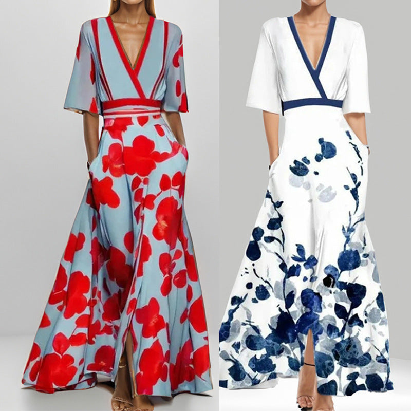 Sukienka Damska Poliester Maxi | Elegancka Długa Sukienka na Wesele z Dekoltem V