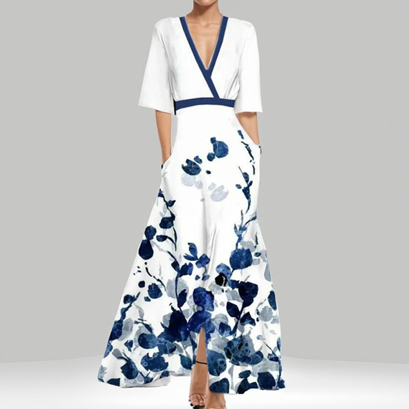 Sukienka Damska Poliester Maxi | Elegancka Długa Sukienka na Wesele z Dekoltem V