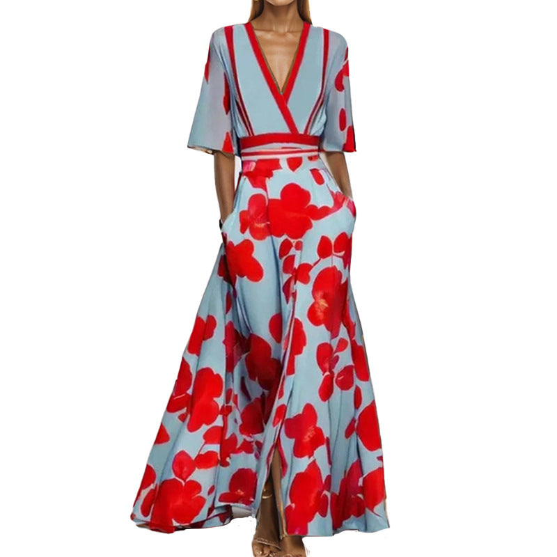 Sukienka Damska Poliester Maxi | Elegancka Długa Sukienka na Wesele z Dekoltem V