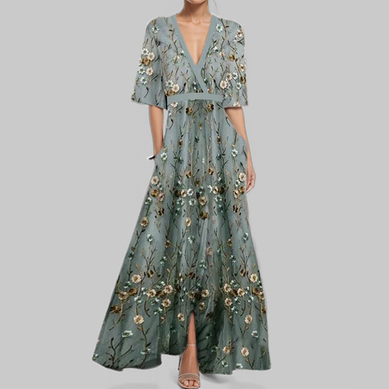 Sukienka Damska Poliester Maxi | Elegancka Długa Sukienka na Wesele z Dekoltem V