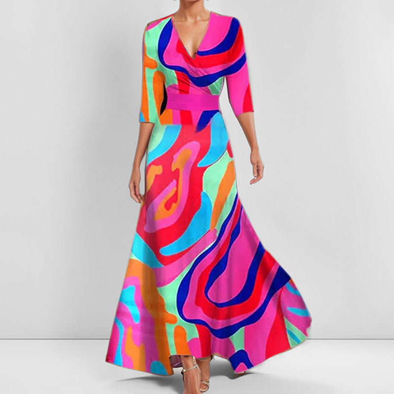 Sukienka Damska Poliester Maxi | Elegancka Długa Sukienka na Wesele z Dekoltem V