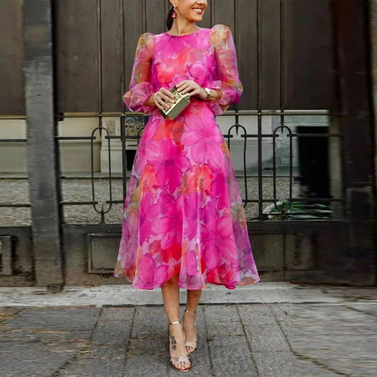 Sukienka Damska Przezroczysta Midi | Elegancka Kwiatowa Sukienka na Wesele z Bufiastymi Rękawami