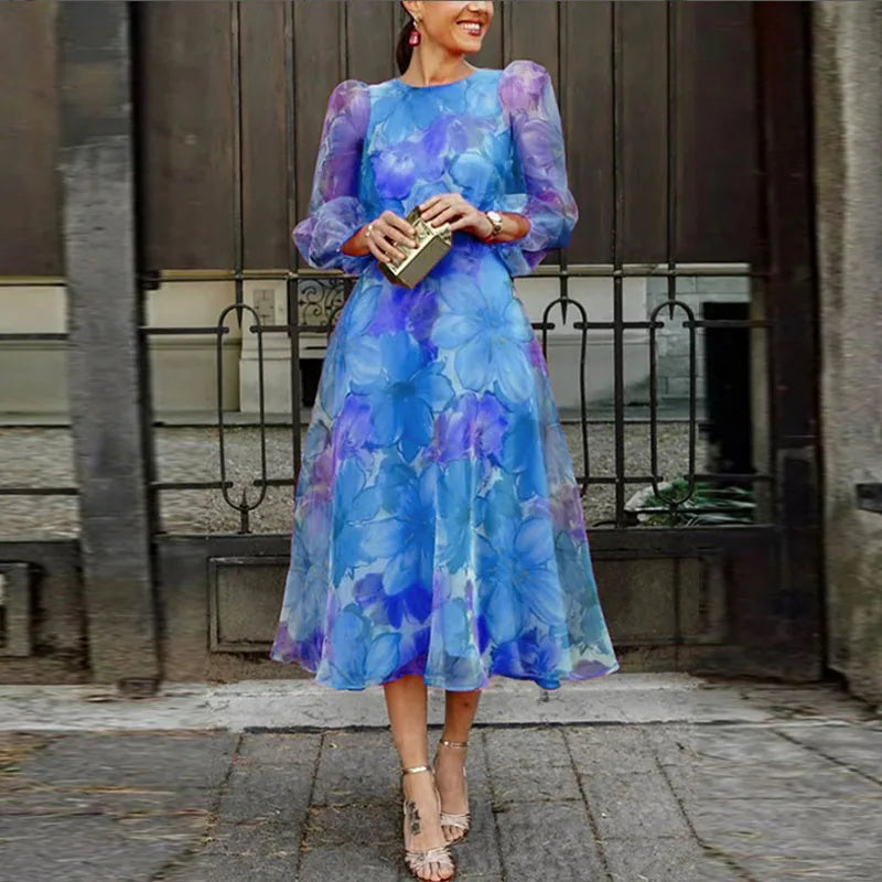 Sukienka Damska Przezroczysta Midi | Elegancka Kwiatowa Sukienka na Wesele z Bufiastymi Rękawami