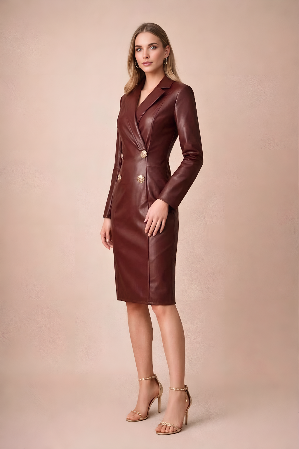 Sukienka Damska Sztuczna Skóra Midi | Elegancka Dwurzędowa Sukienka z Głębokim Dekoltem