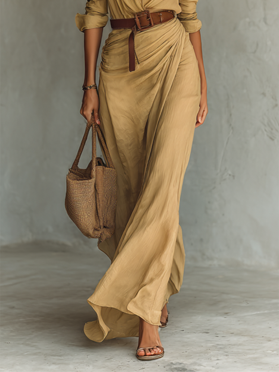 Sukienka Damska Tencel Blend Maxi | Elegancka Długa Sukienka z Długim Rękawem na Wesele