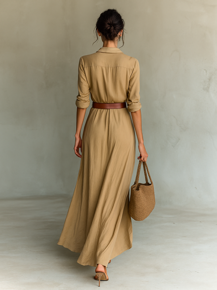 Sukienka Damska Tencel Blend Maxi | Elegancka Długa Sukienka z Długim Rękawem na Wesele