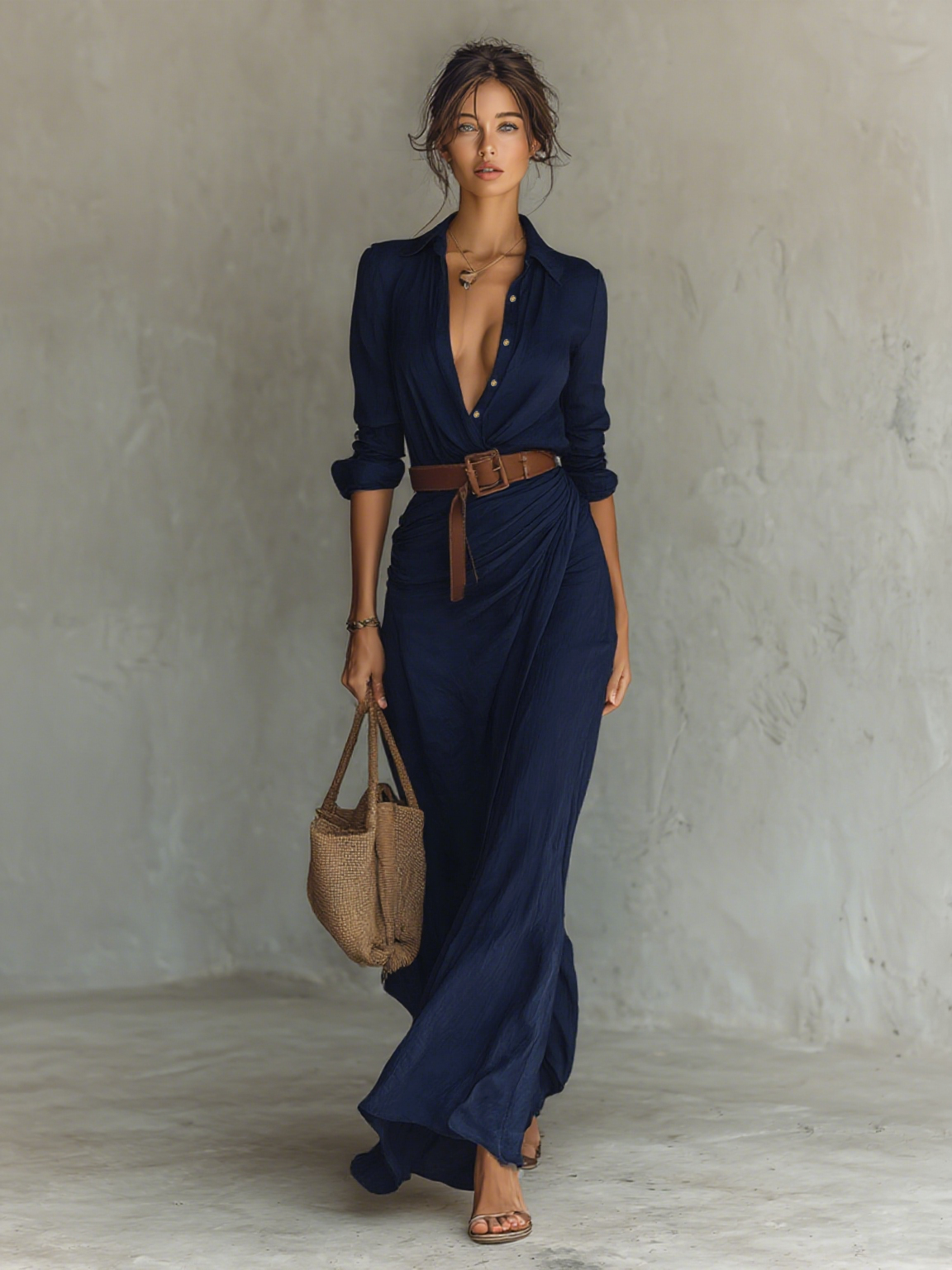 Sukienka Damska Tencel Blend Maxi | Elegancka Długa Sukienka z Długim Rękawem na Wesele