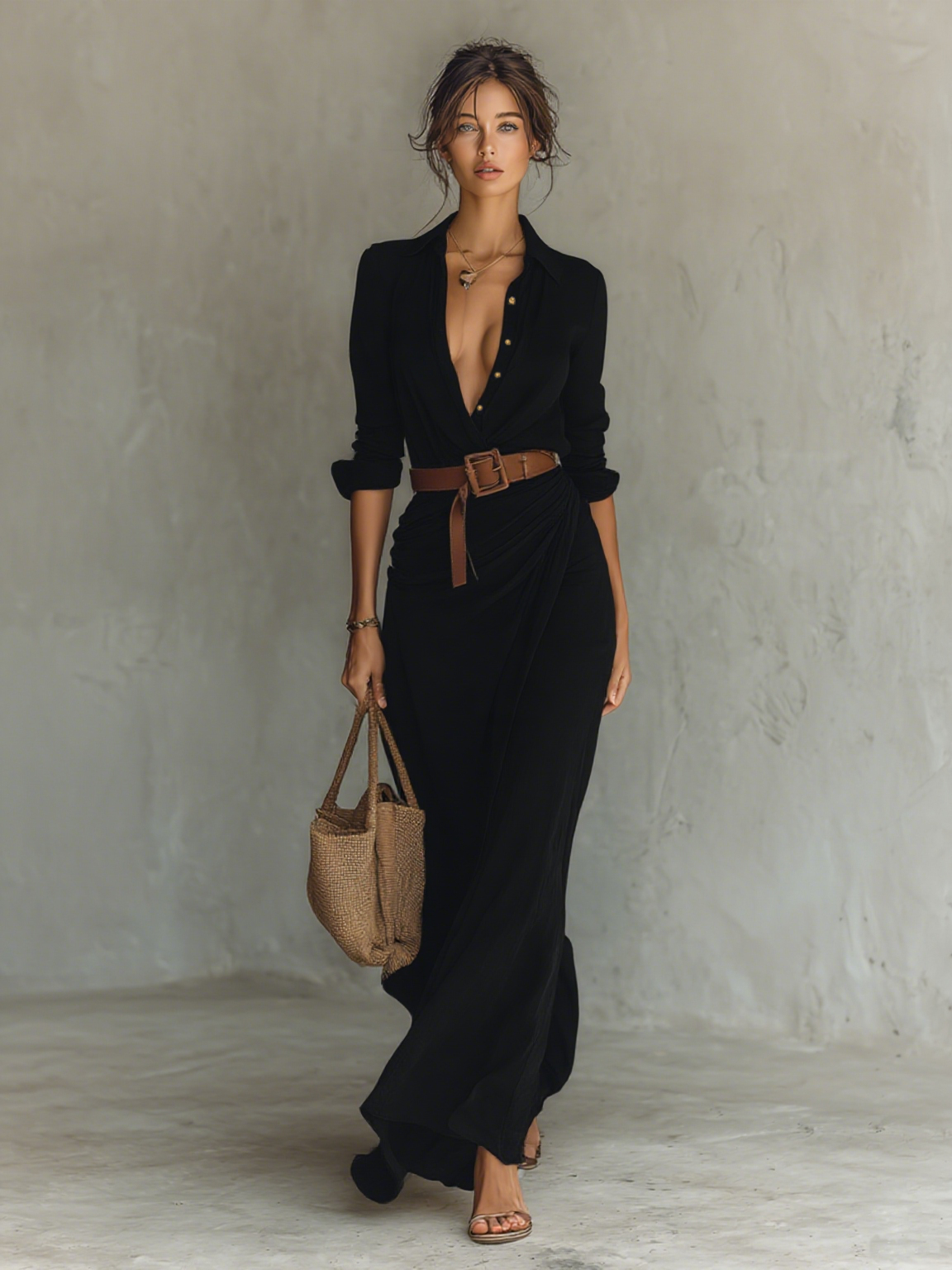 Sukienka Damska Tencel Blend Maxi | Elegancka Długa Sukienka z Długim Rękawem na Wesele