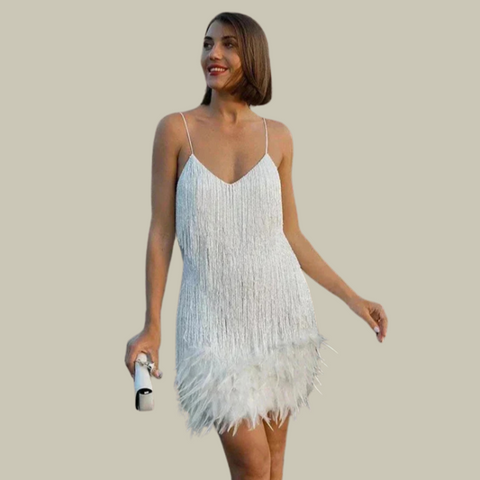 Sukienka Damska Z Piórami | Elegancka Mini Sukienka Na Wesele I Wieczorne Wyjścia